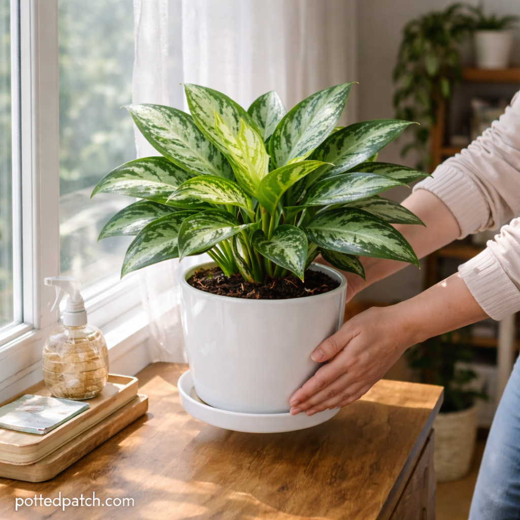 Person adjusting a Chinese Evergreen plant closer to a bright window indoors with pottedpatch.com watermark.