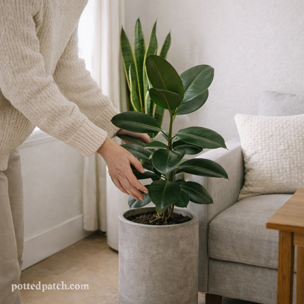 Person adjusting a rubber plant in a minimalist living room with neutral tones and simple decor.