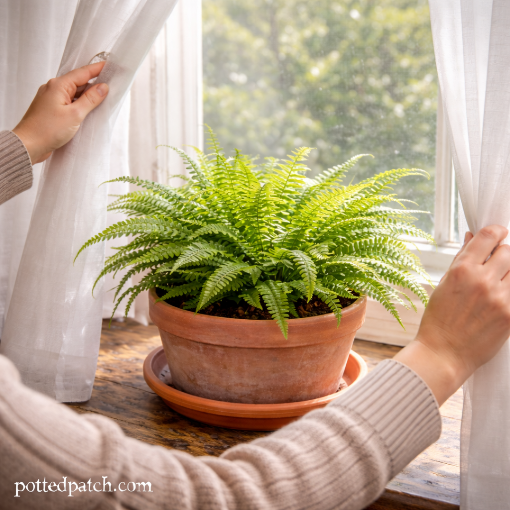 Person adjusting sheer curtains to provide bright, indirect light for an indoor fern near a window.