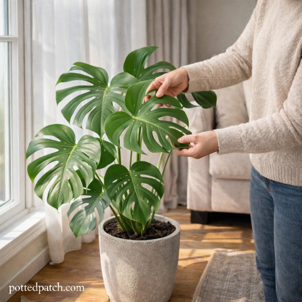 Person adjusting Monstera leaves near a bright window to ensure proper indirect light exposure.