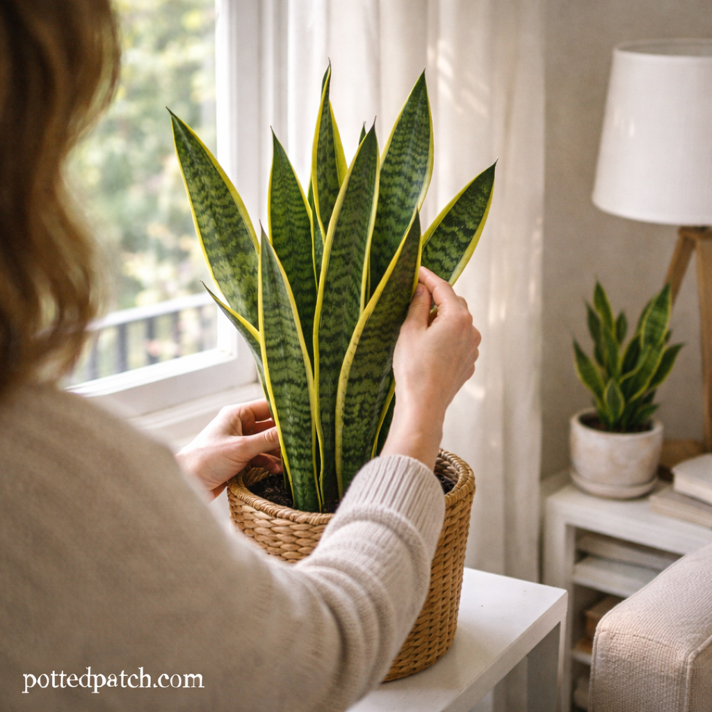 Person adjusting a snake plant near a bright window to achieve ideal indirect light conditions.