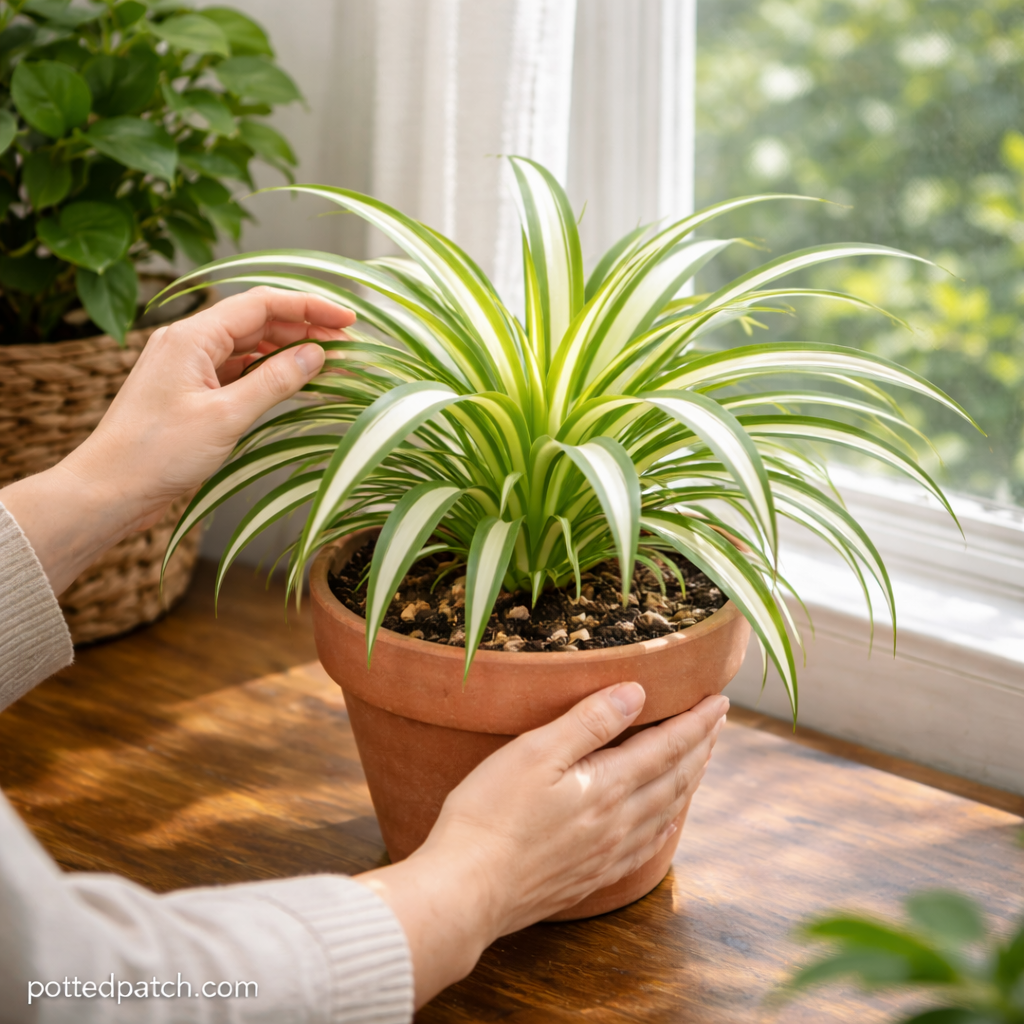 Person adjusting a spider plant in a terracotta pot near a bright window with indirect sunlight.