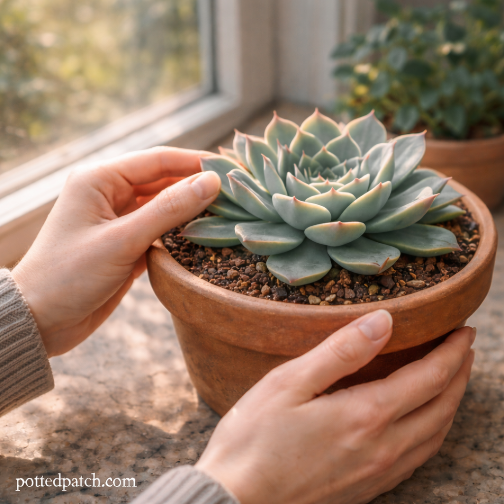 Person adjusting and rotating a potted succulent near a bright indoor window with pottedpatch.com watermark in the bottom left.