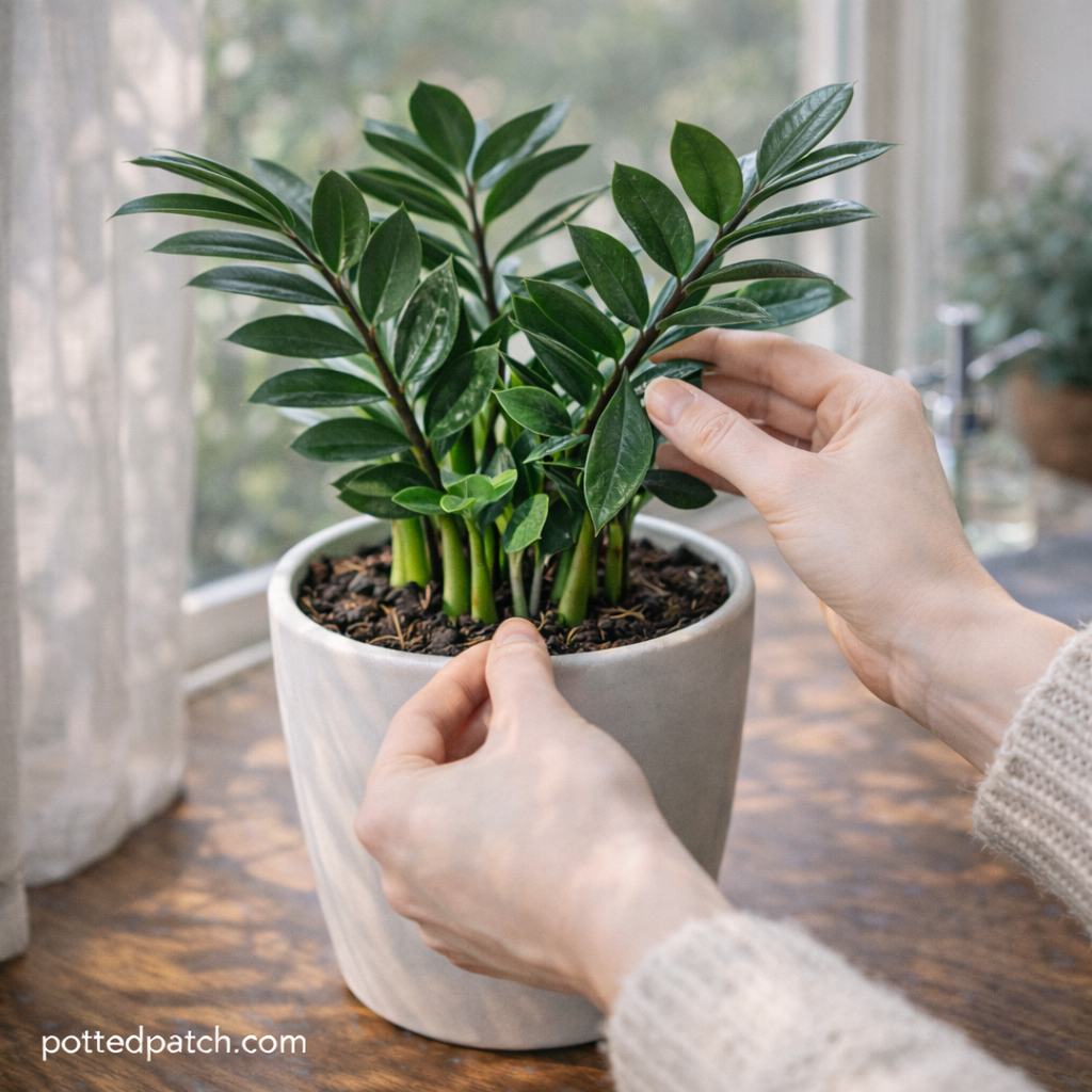 Person adjusting a ZZ plant near a window to evaluate light exposure indoors.