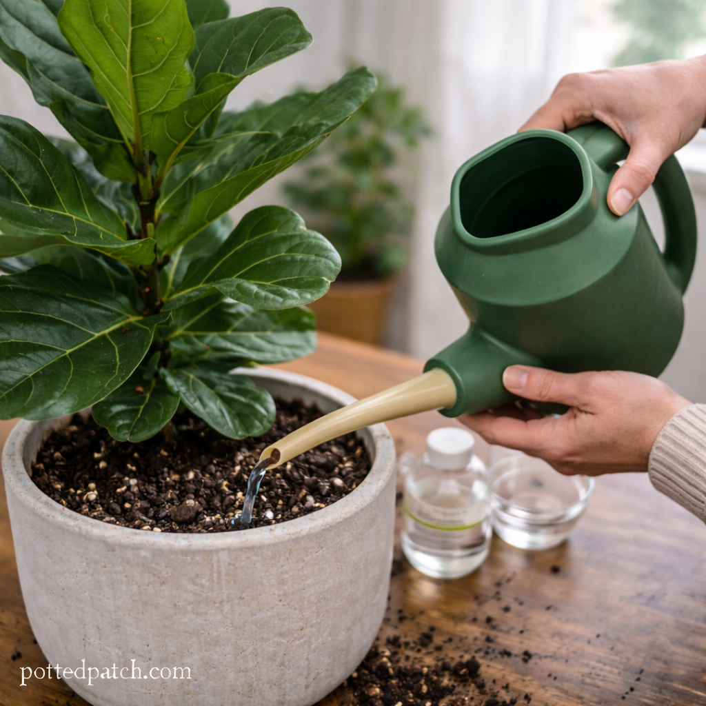 Person applying diluted liquid fertilizer to a fiddle leaf fig in a white pot with pottedpatch.com watermark.