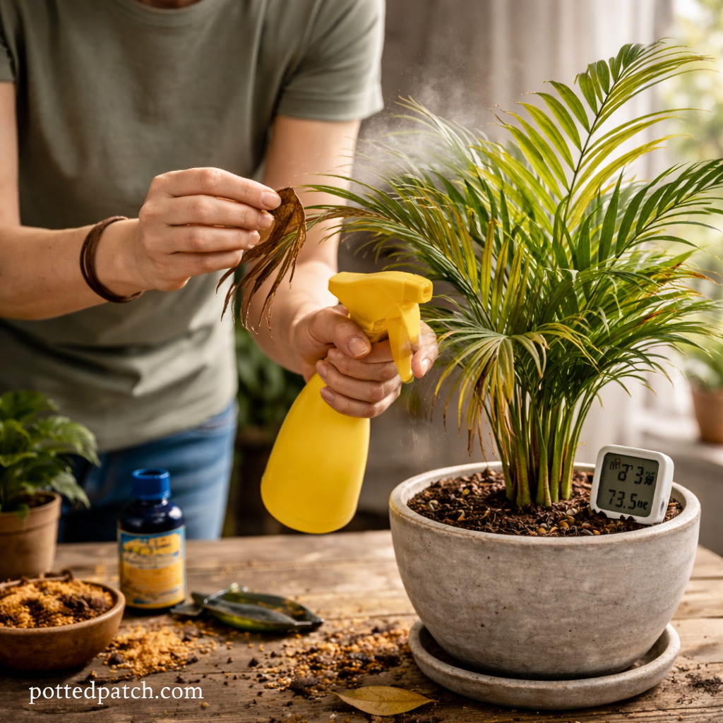 Person trimming a brown Areca palm leaf while misting the plant indoors, showing common care mistakes, with pottedpatch.com watermark.