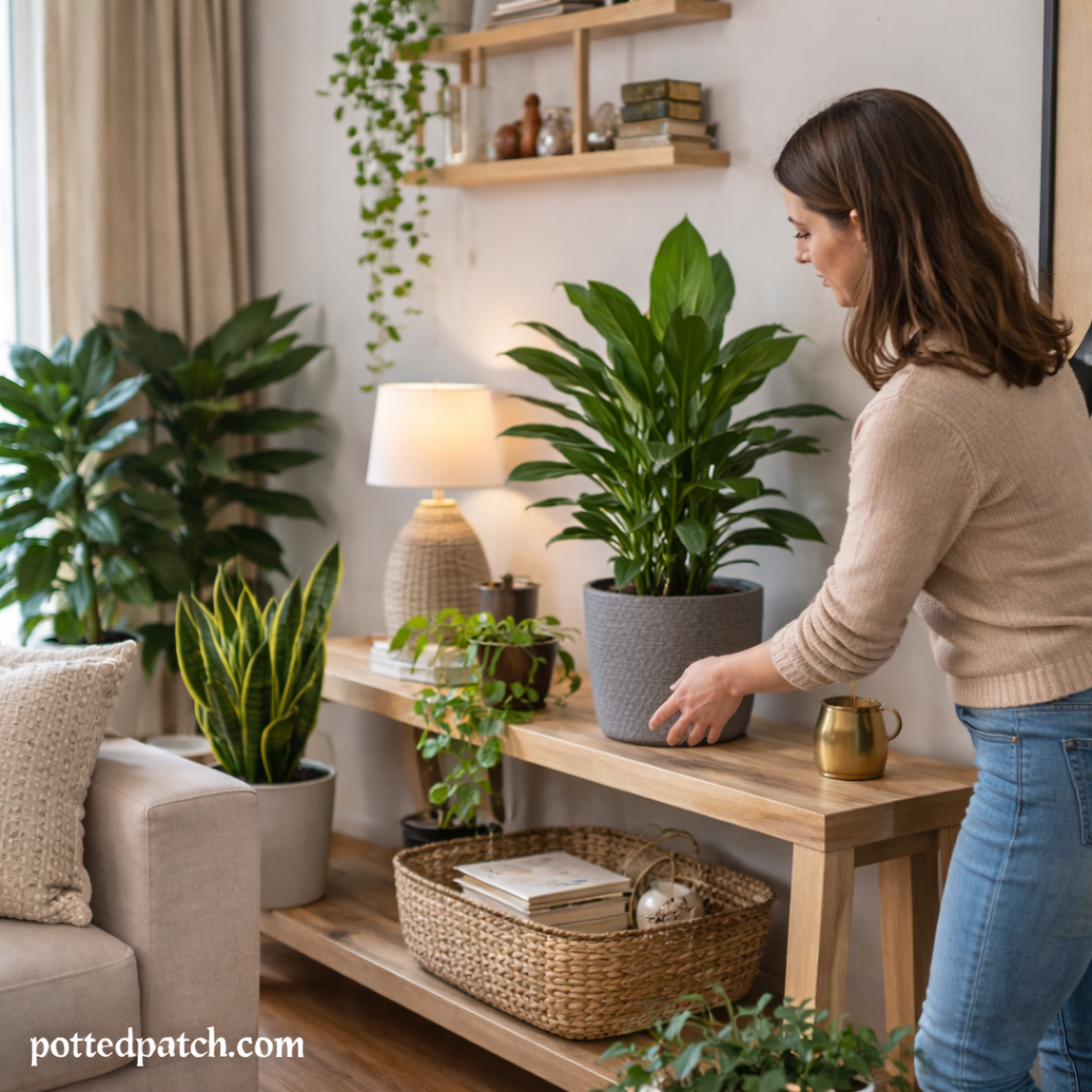 Person arranging houseplants at different heights to create visual balance in a living space.