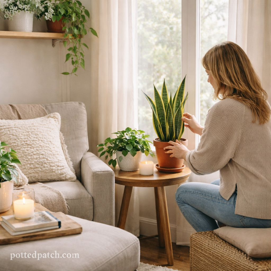 Person arranging a potted indoor plant in a calm living room to create a relaxing home atmosphere.