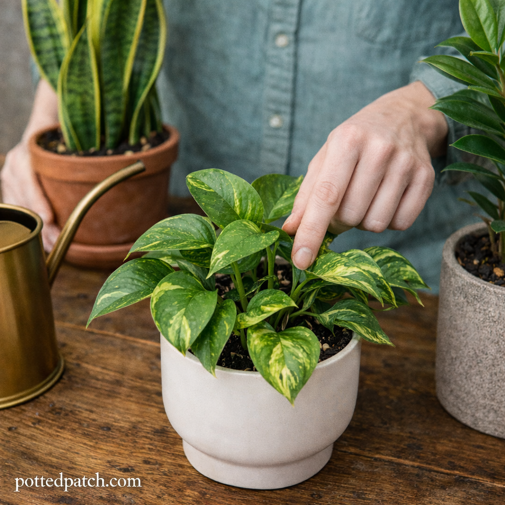 Beginner checking soil moisture while caring for an easy indoor houseplant with no prior plant experience.