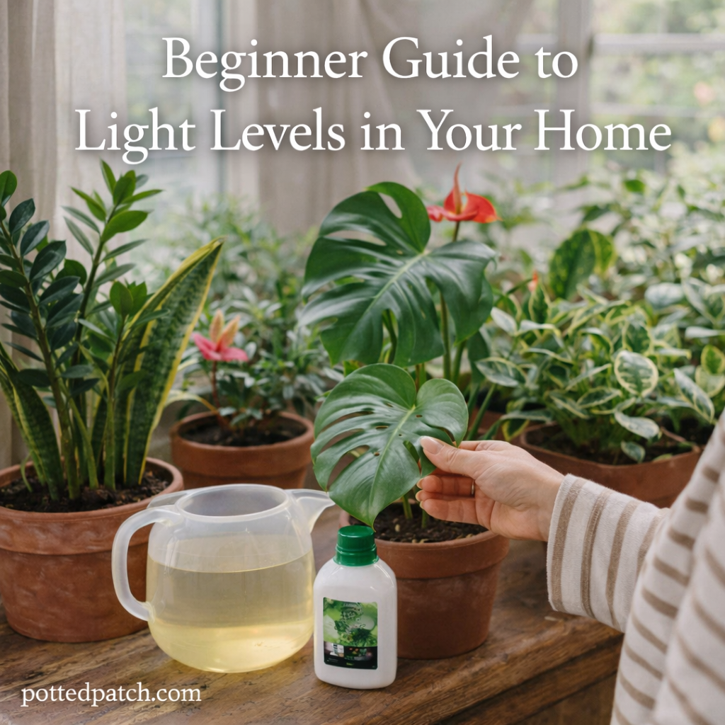 Indoor houseplants arranged near a bright window, illustrating different light levels in a home.