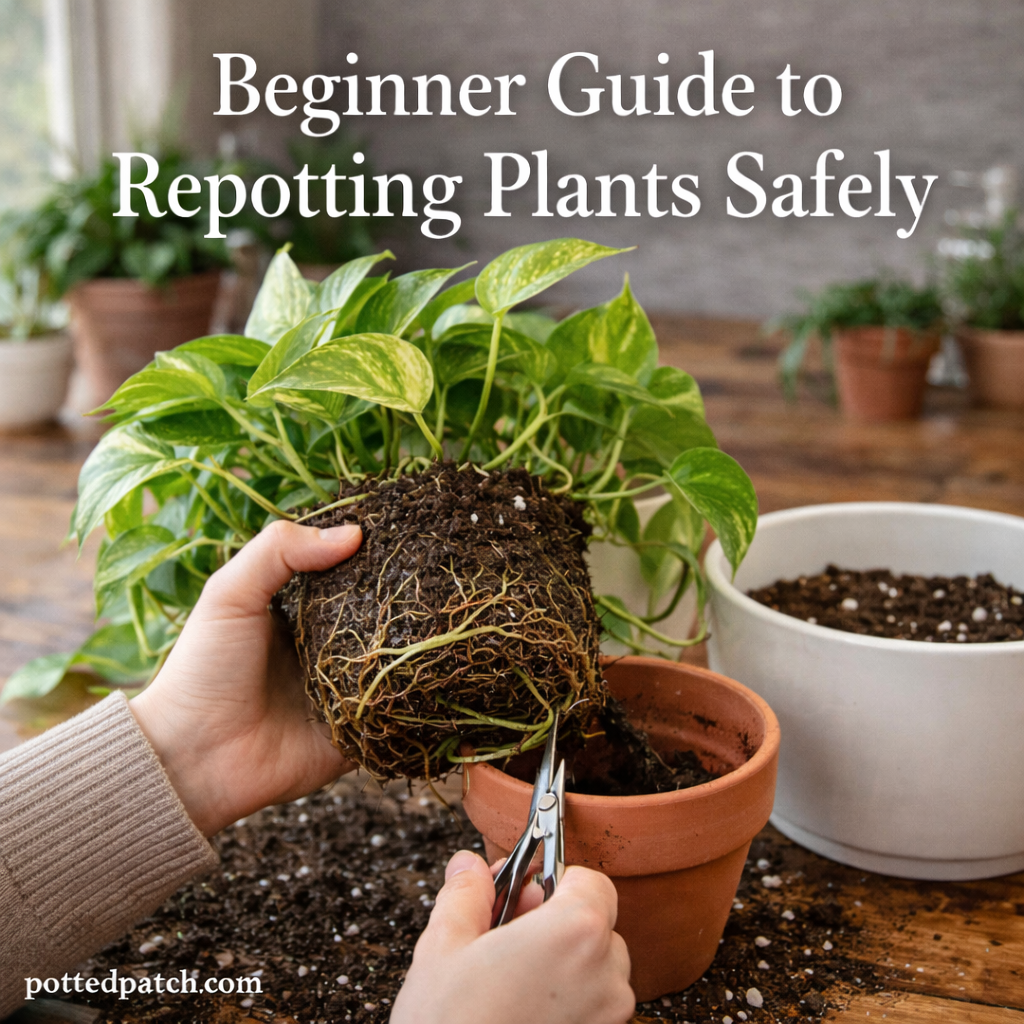 Beginner repotting a houseplant by gently removing roots and placing it into a new pot with fresh soil.