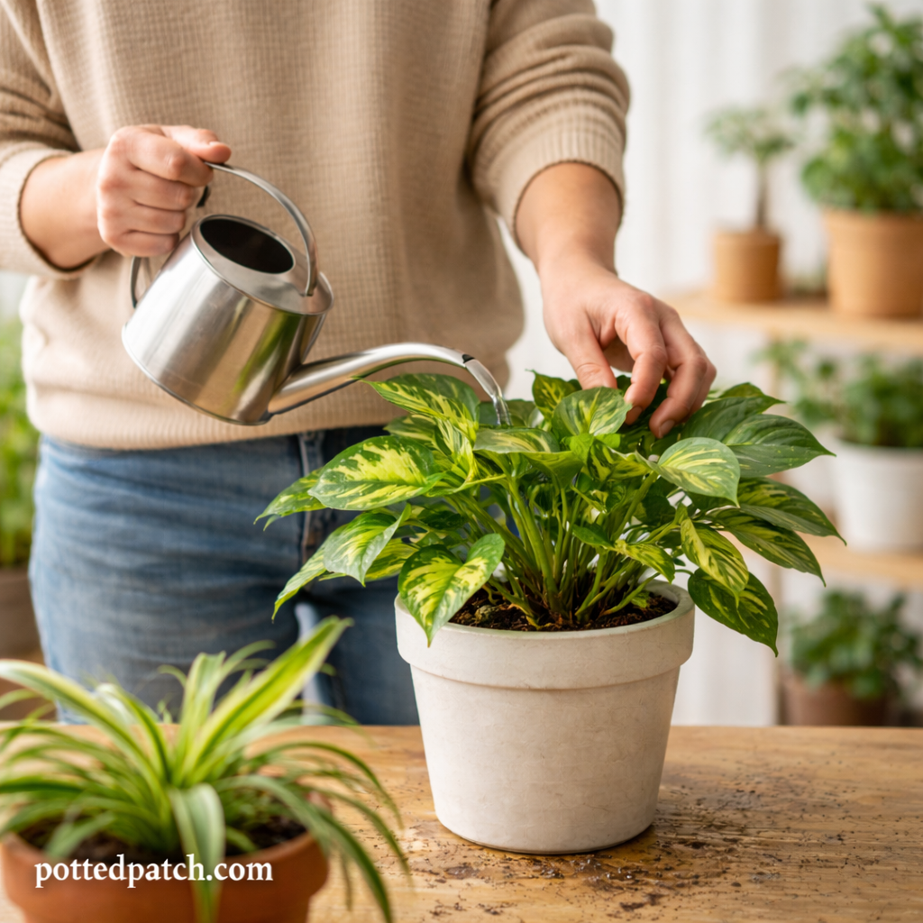 Person watering a beginner-friendly indoor plant in a simple home setting.
