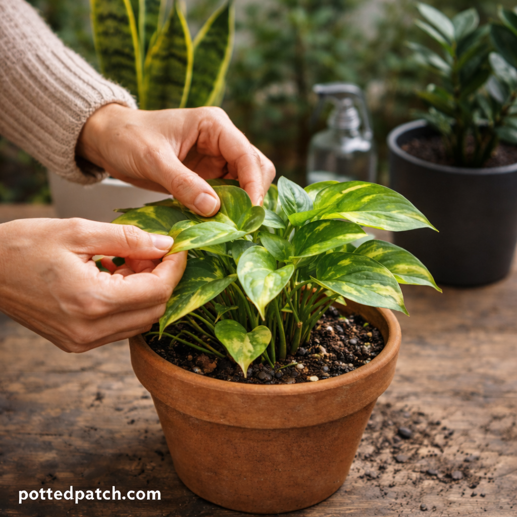 Beginner inspecting a healthy pothos plant while learning basic indoor plant care.