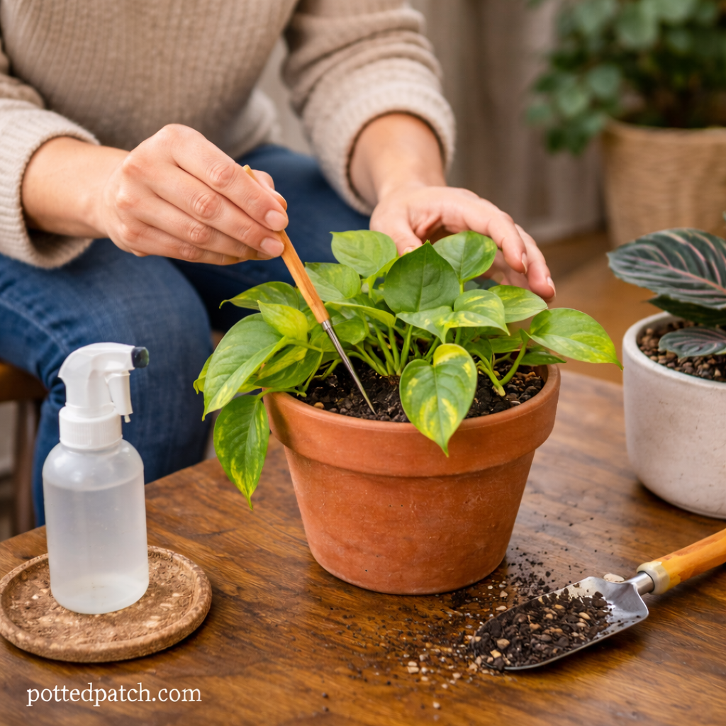 Person checking soil moisture of a beginner houseplant indoors as part of basic plant care.