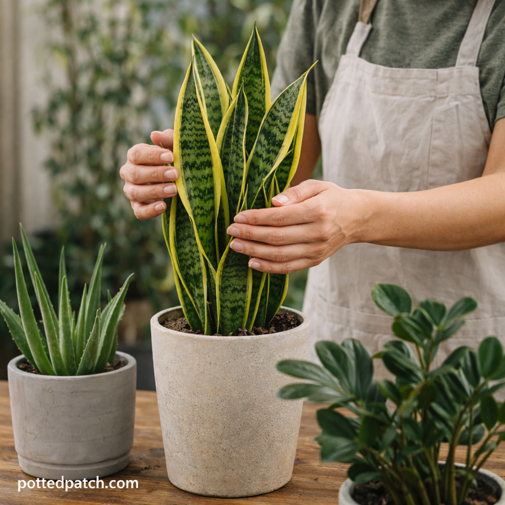 Person gently caring for an easy houseplant indoors, demonstrating simple low-maintenance plant care.