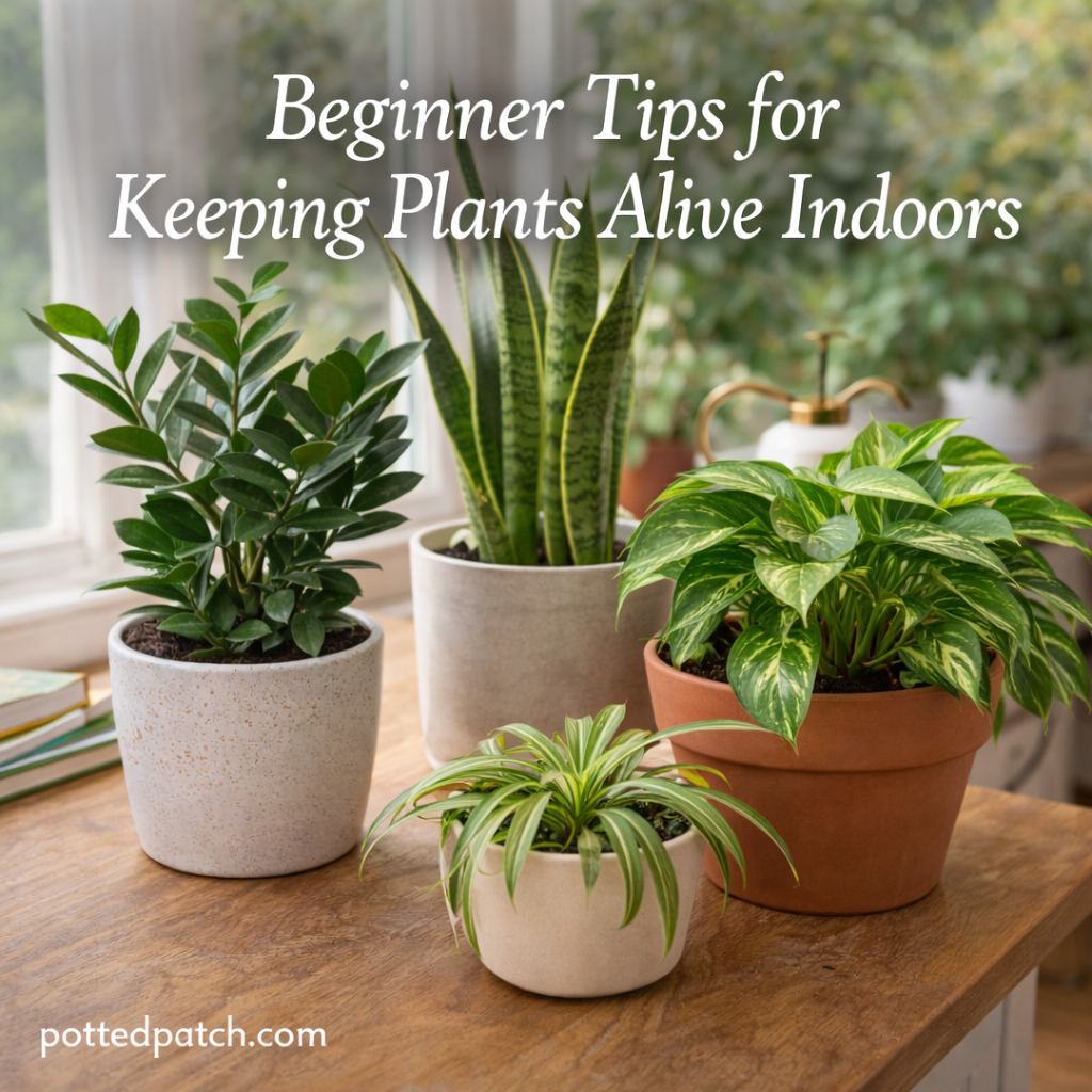 Collection of beginner-friendly indoor plants placed near a bright window in a home setting.