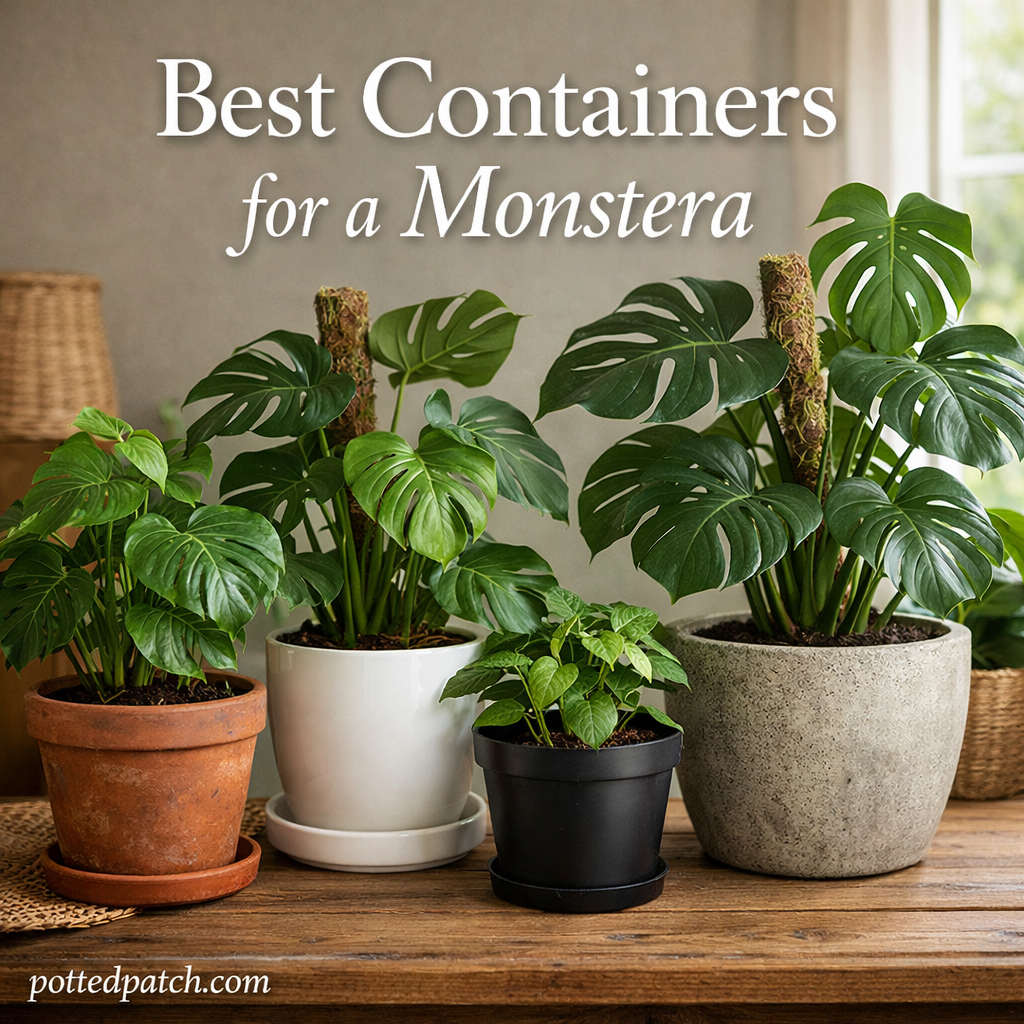 Monstera plants displayed in terracotta, ceramic, plastic, and concrete containers suitable for healthy indoor growth.