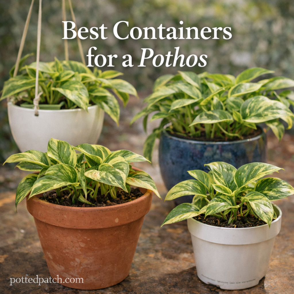 Pothos plants displayed in terracotta, ceramic, plastic, and hanging containers indoors.