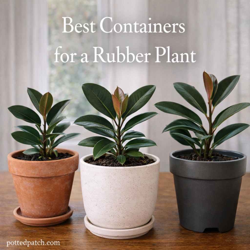 Three rubber plants in terracotta, ceramic, and plastic pots indoors with overlay title Best Containers for a Rubber Plant and pottedpatch.com watermark.