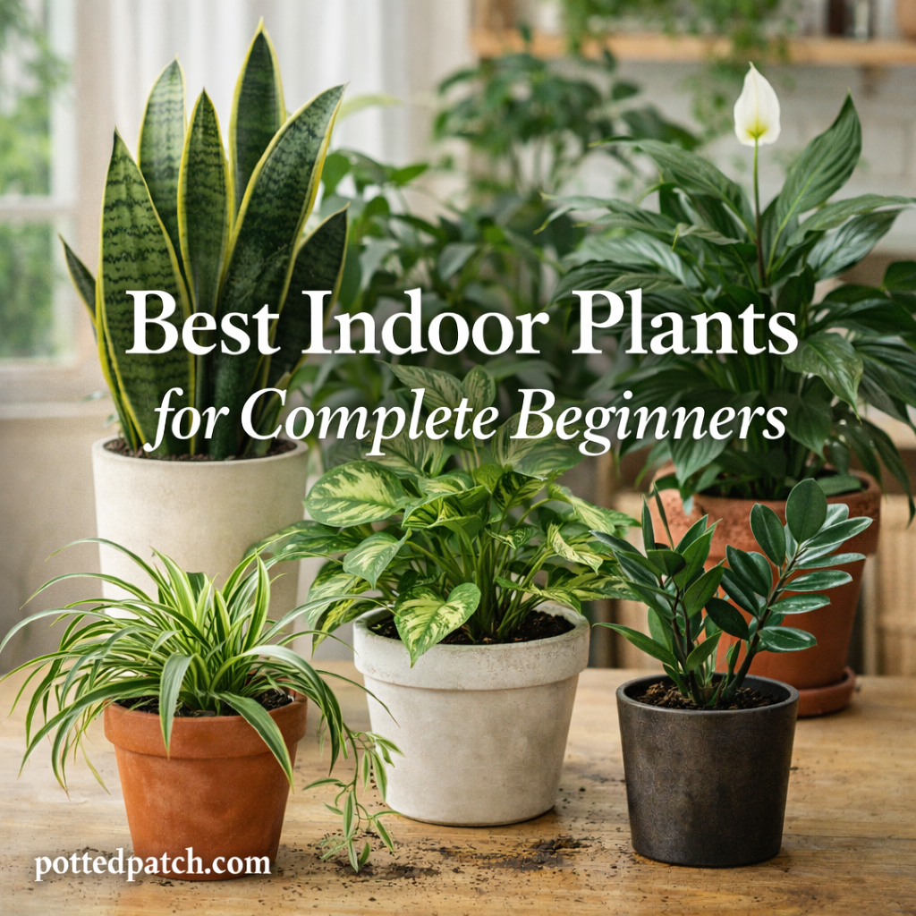 Beginner-friendly indoor plants including snake plant, pothos, peace lily, ZZ plant, and spider plant.
