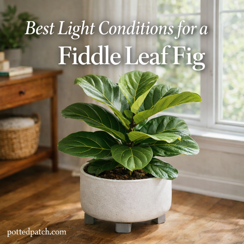 Fiddle leaf fig placed near a bright window with overlay title Best Light Conditions for a Fiddle Leaf Fig and pottedpatch.com watermark.