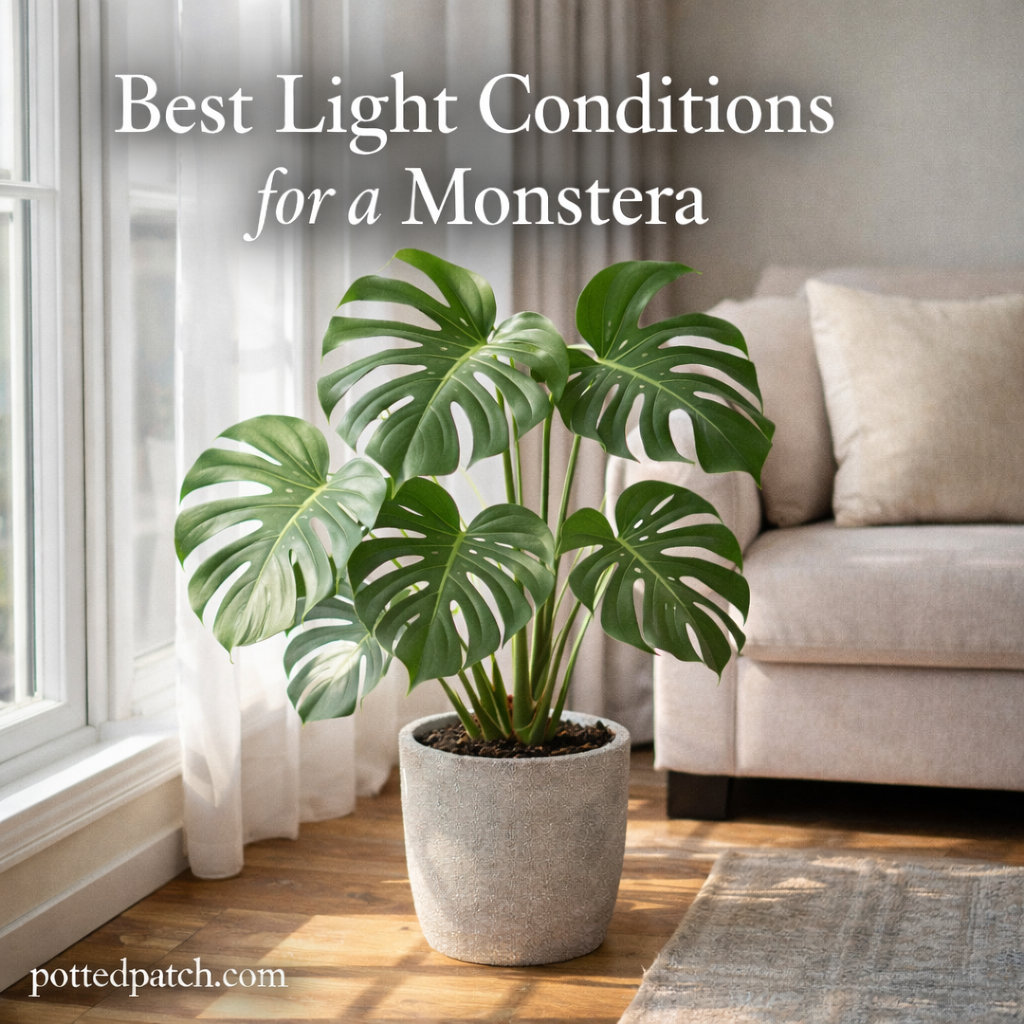 Monstera plant placed near a bright window showing ideal light conditions for healthy growth.