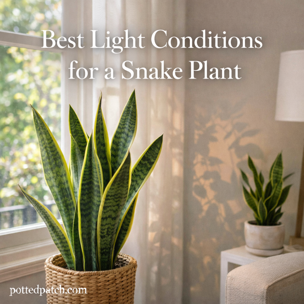 Snake plant placed near a bright window with indirect sunlight showing ideal light conditions for healthy growth.