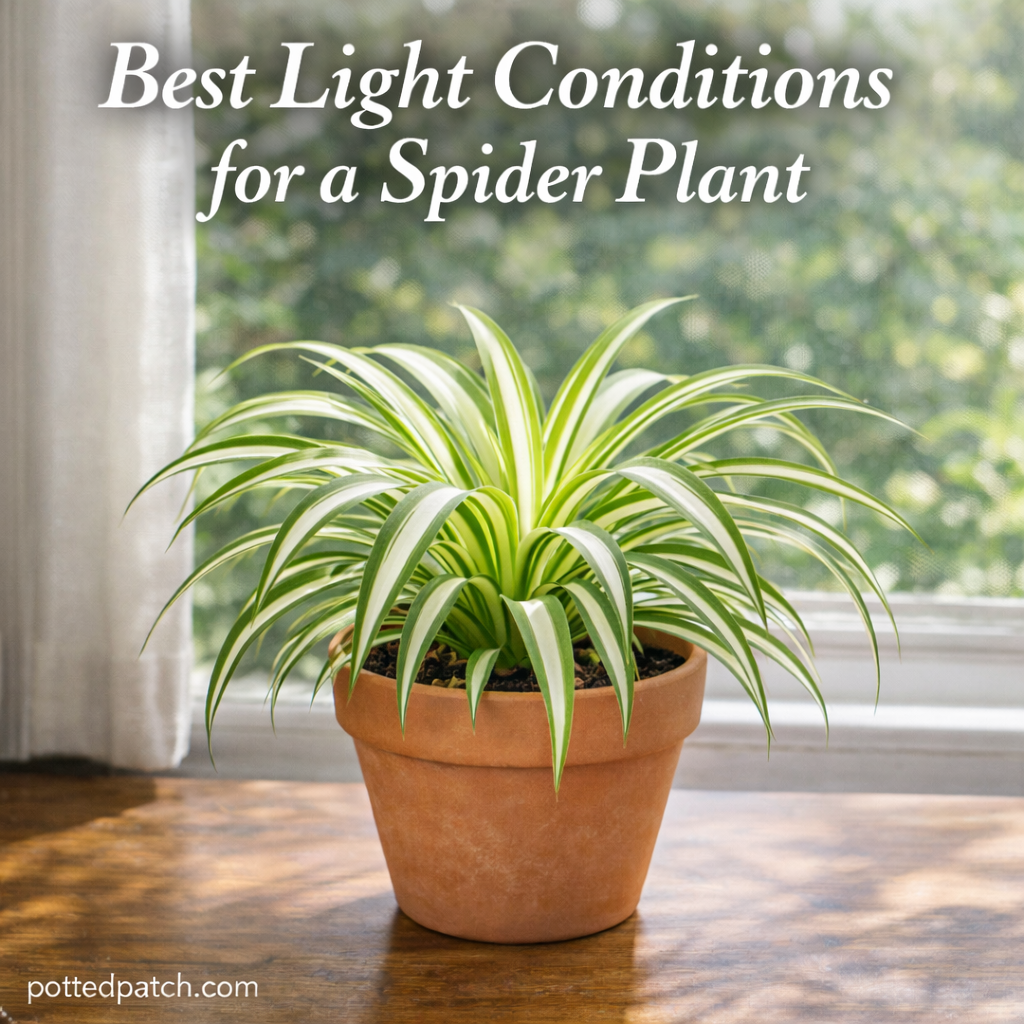 Spider plant in a terracotta pot placed near a bright window with indirect sunlight.
