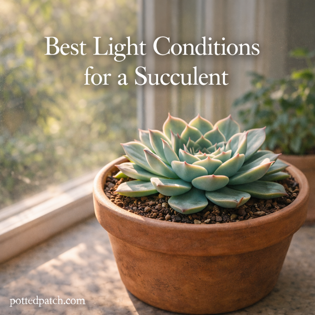 Echeveria succulent in a terracotta pot placed near a bright window with the title “Best Light Conditions for a Succulent” in white serif font and pottedpatch.com watermark in the bottom left.