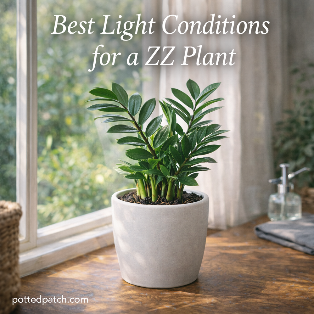 ZZ plant placed near a window with bright indirect light, showing ideal lighting conditions indoors.