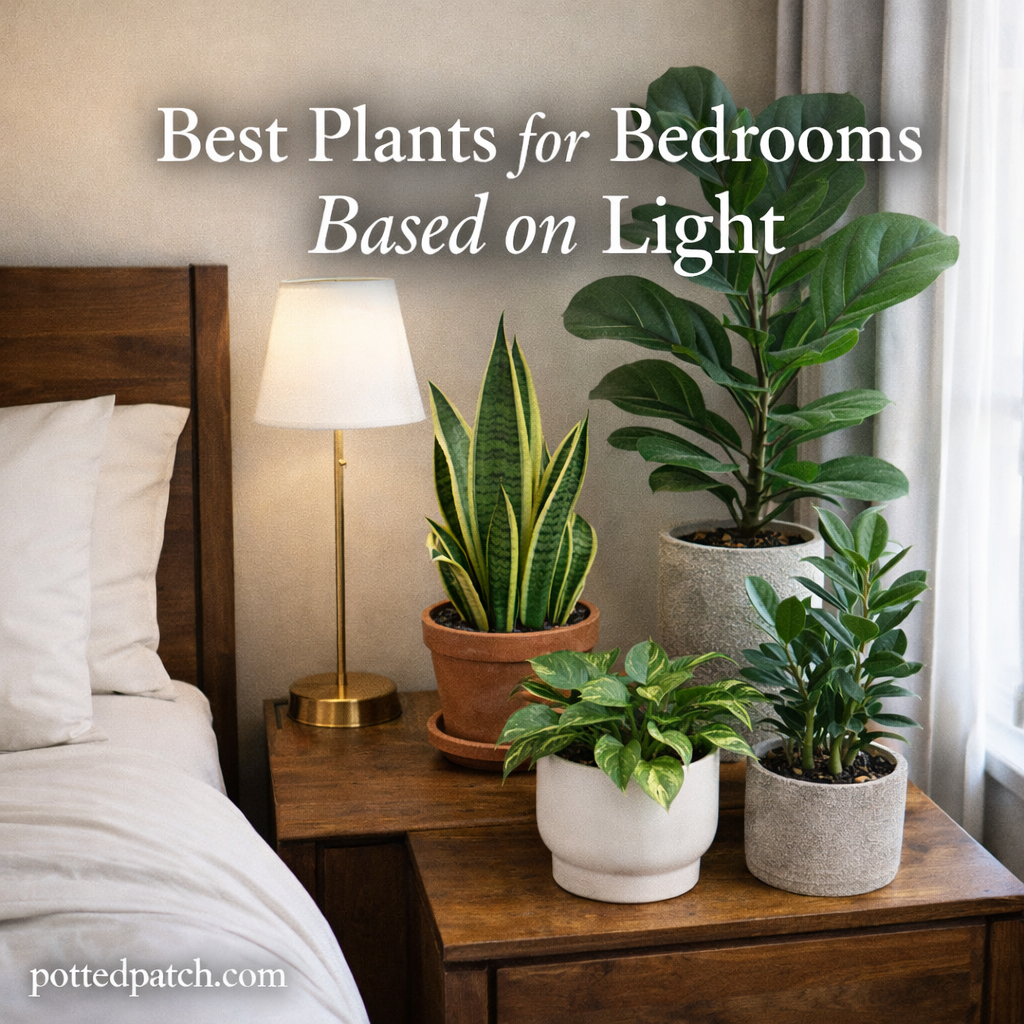 Bedroom houseplants placed near a bed and window showing the best plants for bedrooms based on light levels.