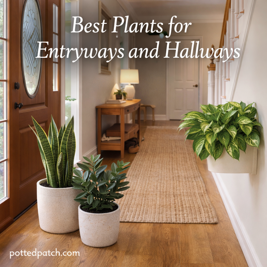 Indoor entryway styled with snake plant, ZZ plant, and pothos placed in planters along a hallway.