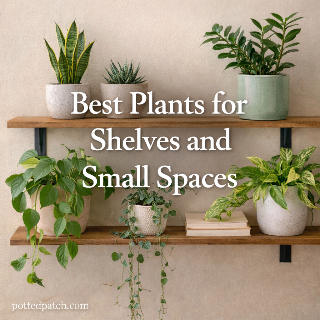 Small houseplants arranged on wall shelves, showing compact and trailing plants suitable for shelves and small indoor spaces.