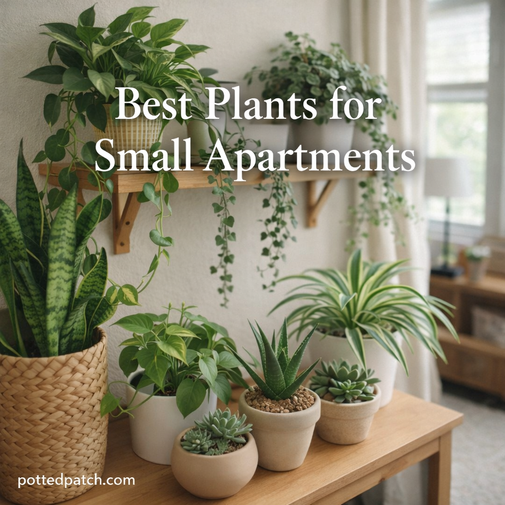 A collection of compact houseplants arranged on shelves and a table in a small apartment with natural light.