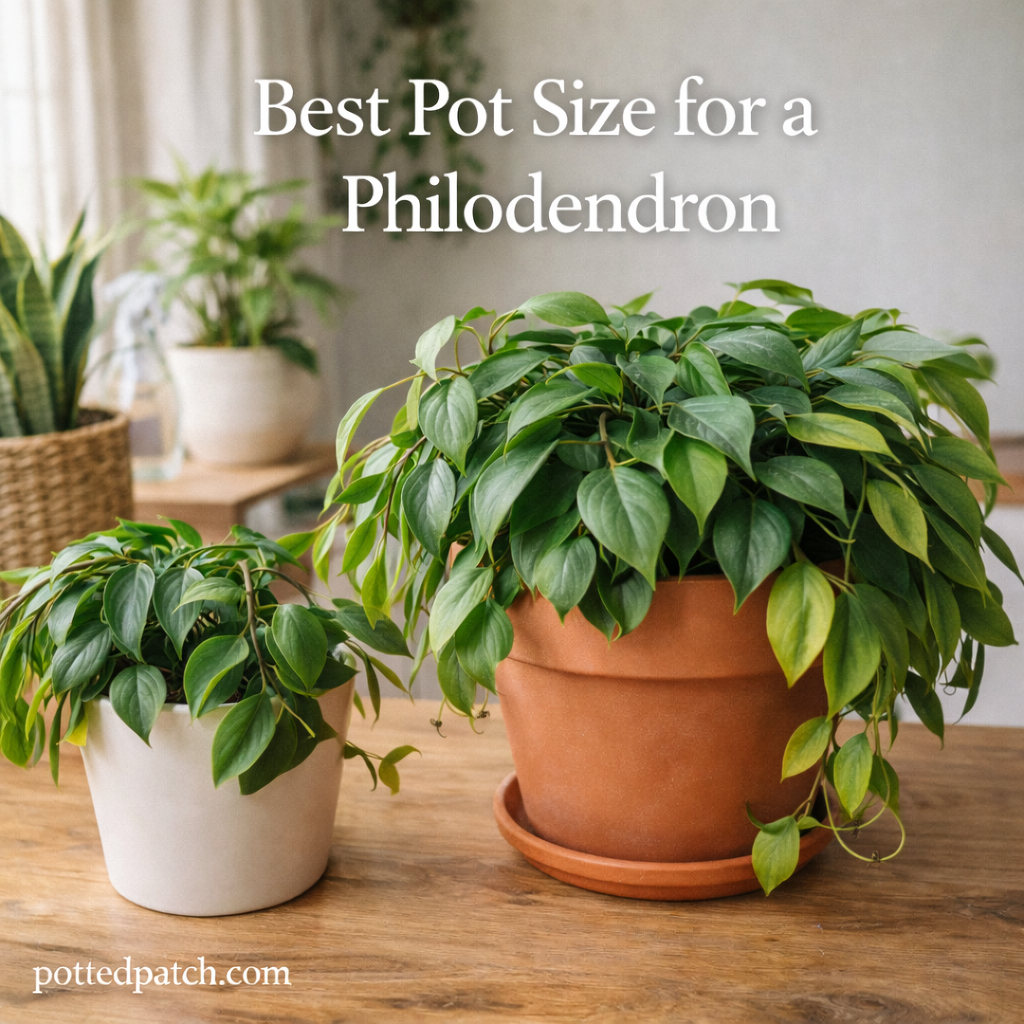 Two healthy philodendron plants in different sized pots showing ideal container sizing indoors.