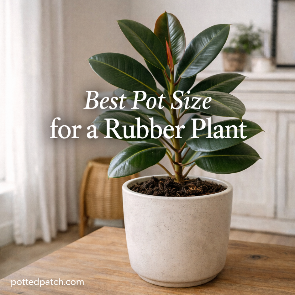 Rubber plant in a neutral ceramic pot indoors with overlay title Best Pot Size for a Rubber Plant.