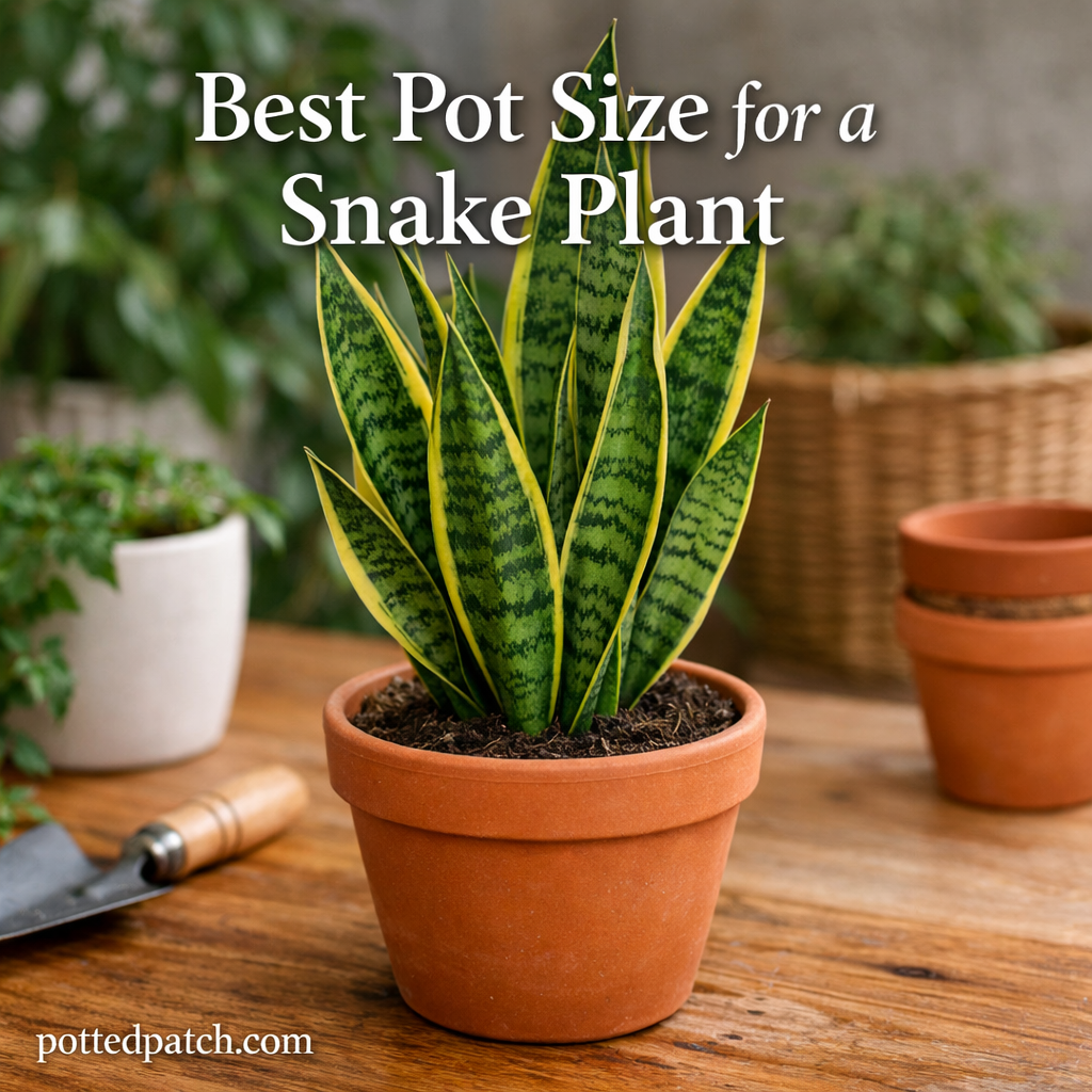 Snake plant growing in a properly sized terracotta pot on a wooden surface, illustrating the best pot size for a snake plant.