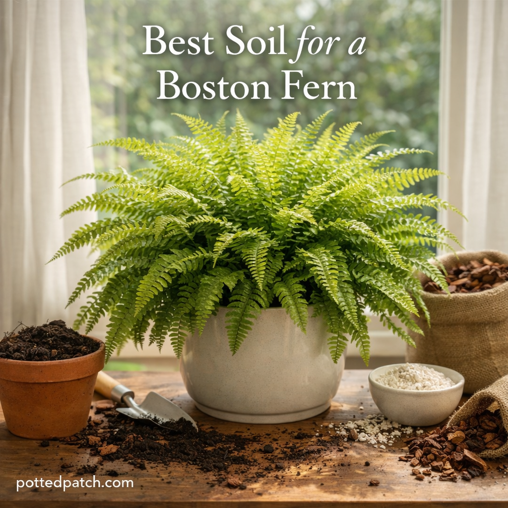 Boston fern in a pot surrounded by peat soil, perlite, and pine bark showing ideal soil mix for healthy indoor growth.