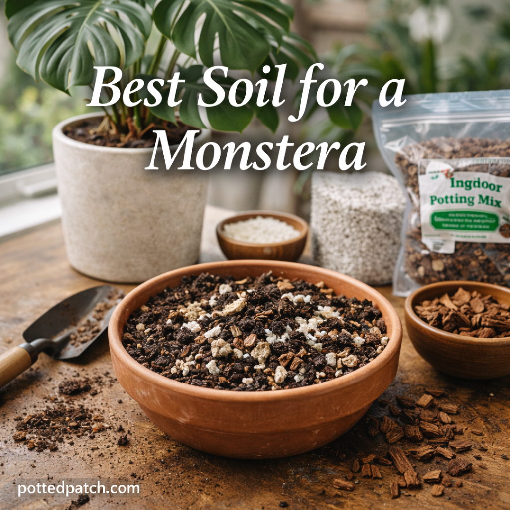 Monstera plant with a well-draining soil mix including potting soil, perlite, and orchid bark.