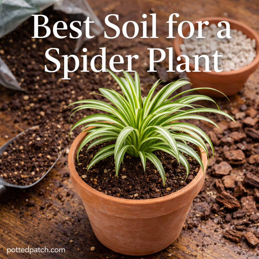Spider plant in a terracotta pot surrounded by potting soil, perlite, and orchid bark.