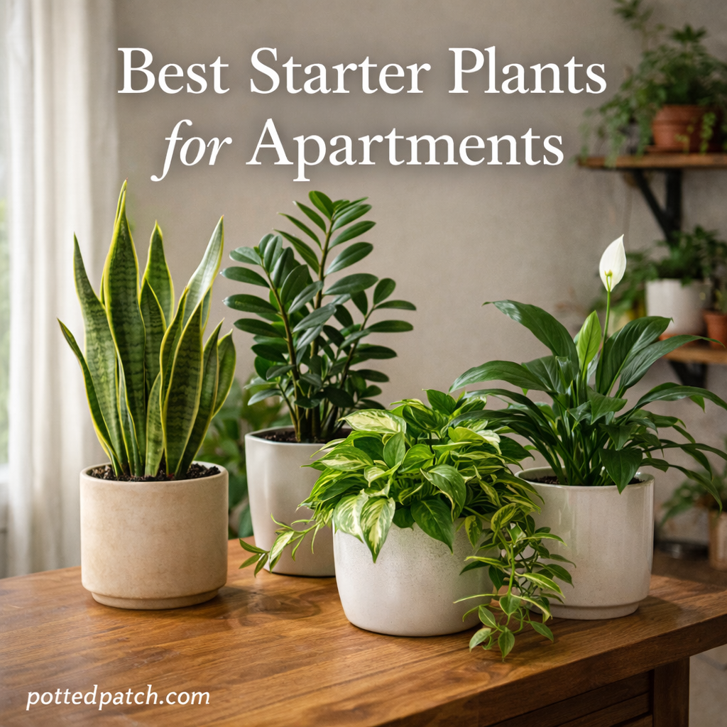 Collection of beginner-friendly apartment plants including snake plant, pothos, zz plant, spider plant, and peace lily in indoor pots.
