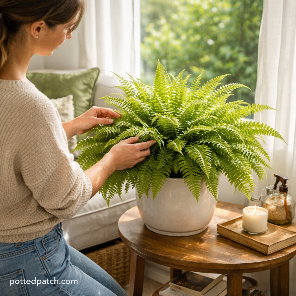 Person adjusting a Boston fern placed two feet from an east-facing window with sheer curtains to ensure bright indirect morning light.