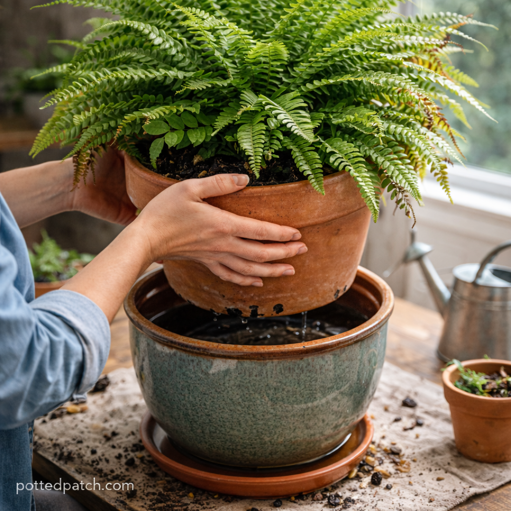 Person lifting a Boston fern pot to reveal standing water in the saucer, showing an overwatering and poor drainage mistake.
