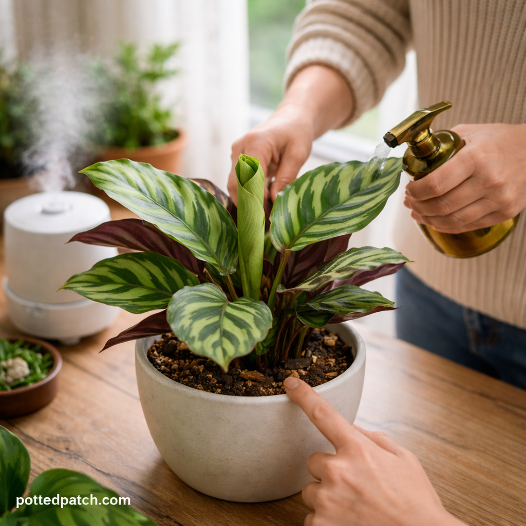 Person misting and checking soil moisture of a healthy Calathea plant indoors to encourage new growth.