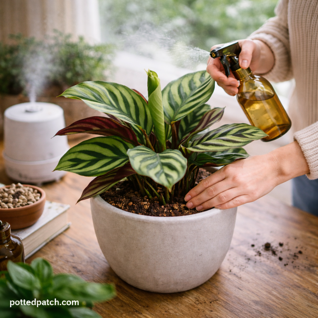 Person misting a Calathea plant indoors while checking soil moisture to maintain healthy growth.