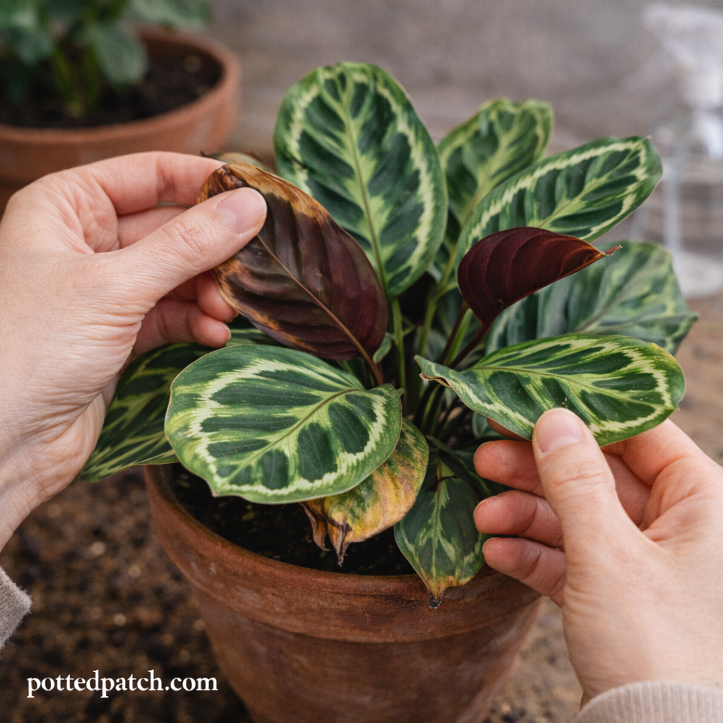 Person inspecting brown and curling leaves on a Calathea plant indoors.