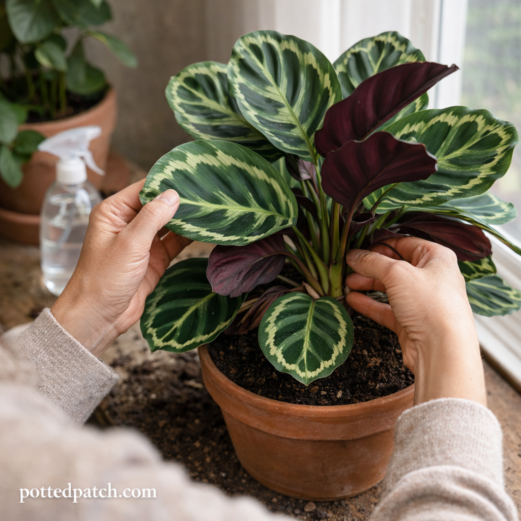 Person gently examining and adjusting the leaves of a healthy Calathea plant indoors near a window.