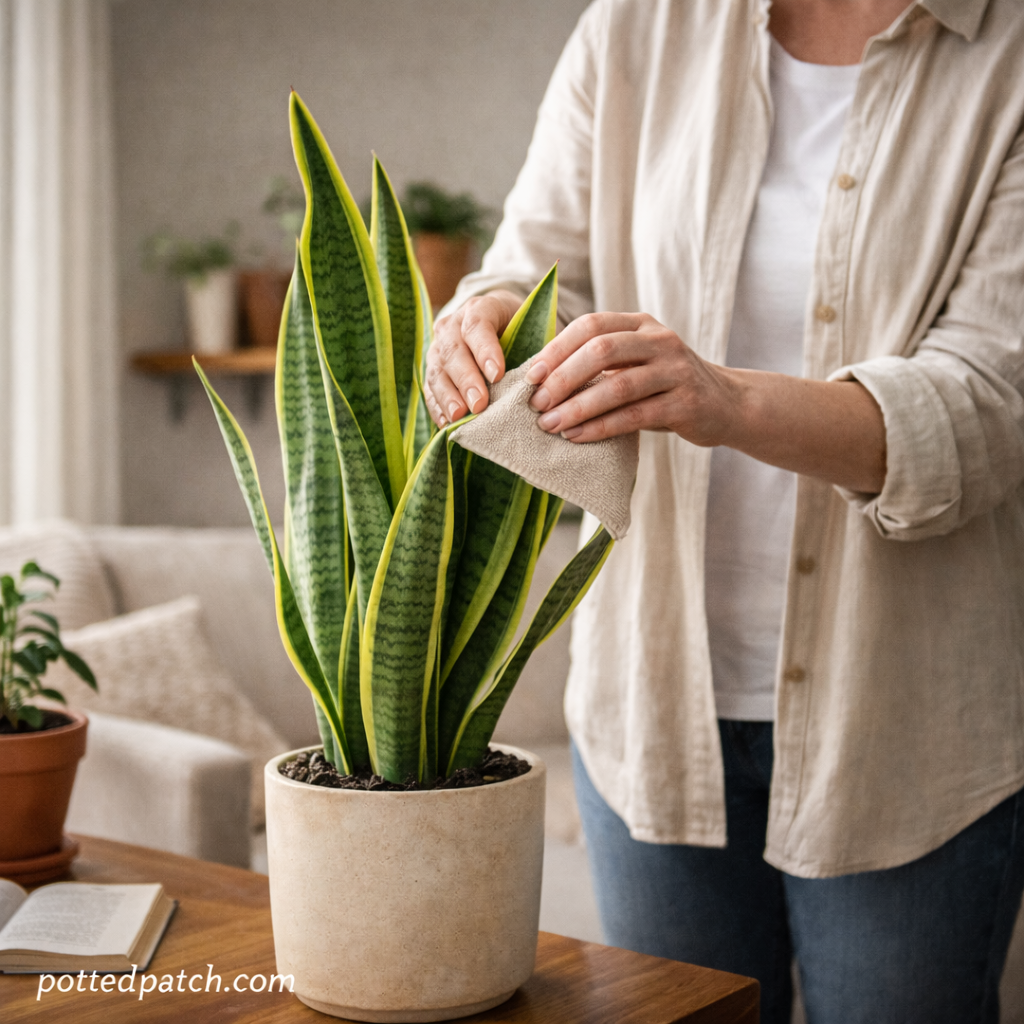 Person gently cleaning the leaves of a snake plant in a calm, minimalist living room setting.