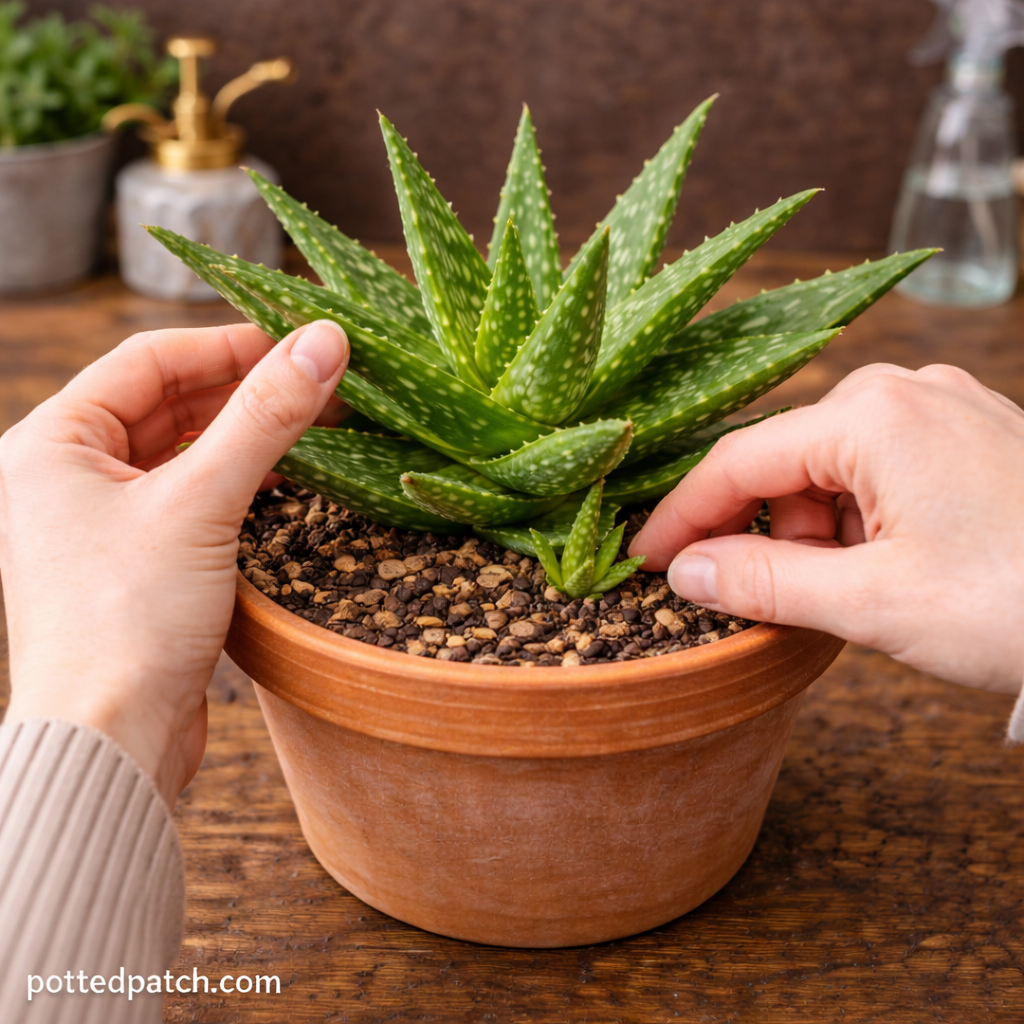Person gently handling healthy aloe vera plant in terracotta pot with pottedpatch.com watermark.