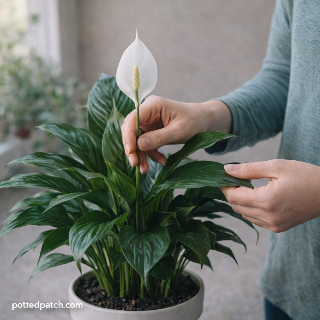 Person gently handling a peace lily bloom and leaf indoors.